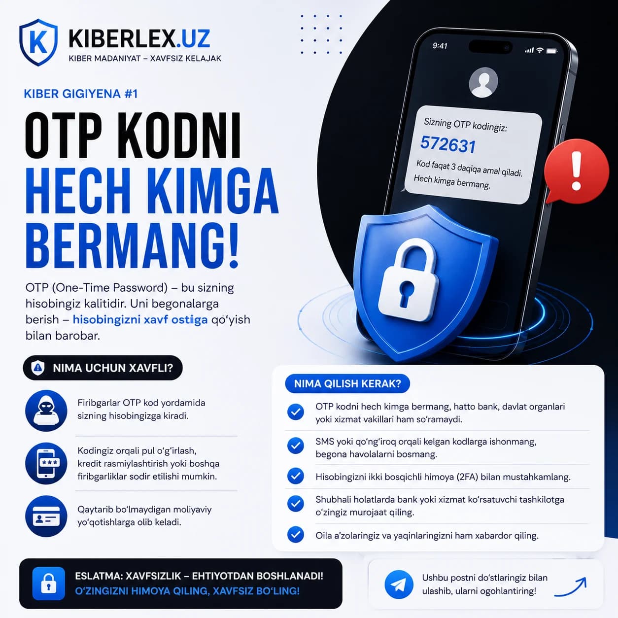 Olti xonali kod — bankingiz emas, faqat siz uchun.