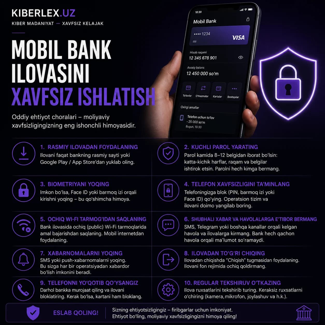Mobil bank ilovasi qo'lingizda turgan bank filiali — uni qanchalik ehtiyot qilsangiz, pulingiz ham shunchalik tinch bo'l