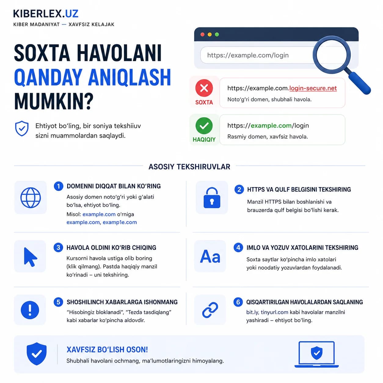 example.com va examp1e.com — bir harf farqi, butun boshli tuzoq.