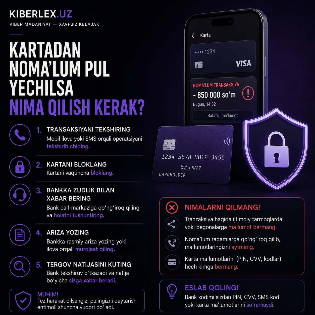 Ekranda tanimagan tranzaksiya paydo bo'lsa, birinchi ish vahima emas — kartani bloklash bo'lishi kerak.