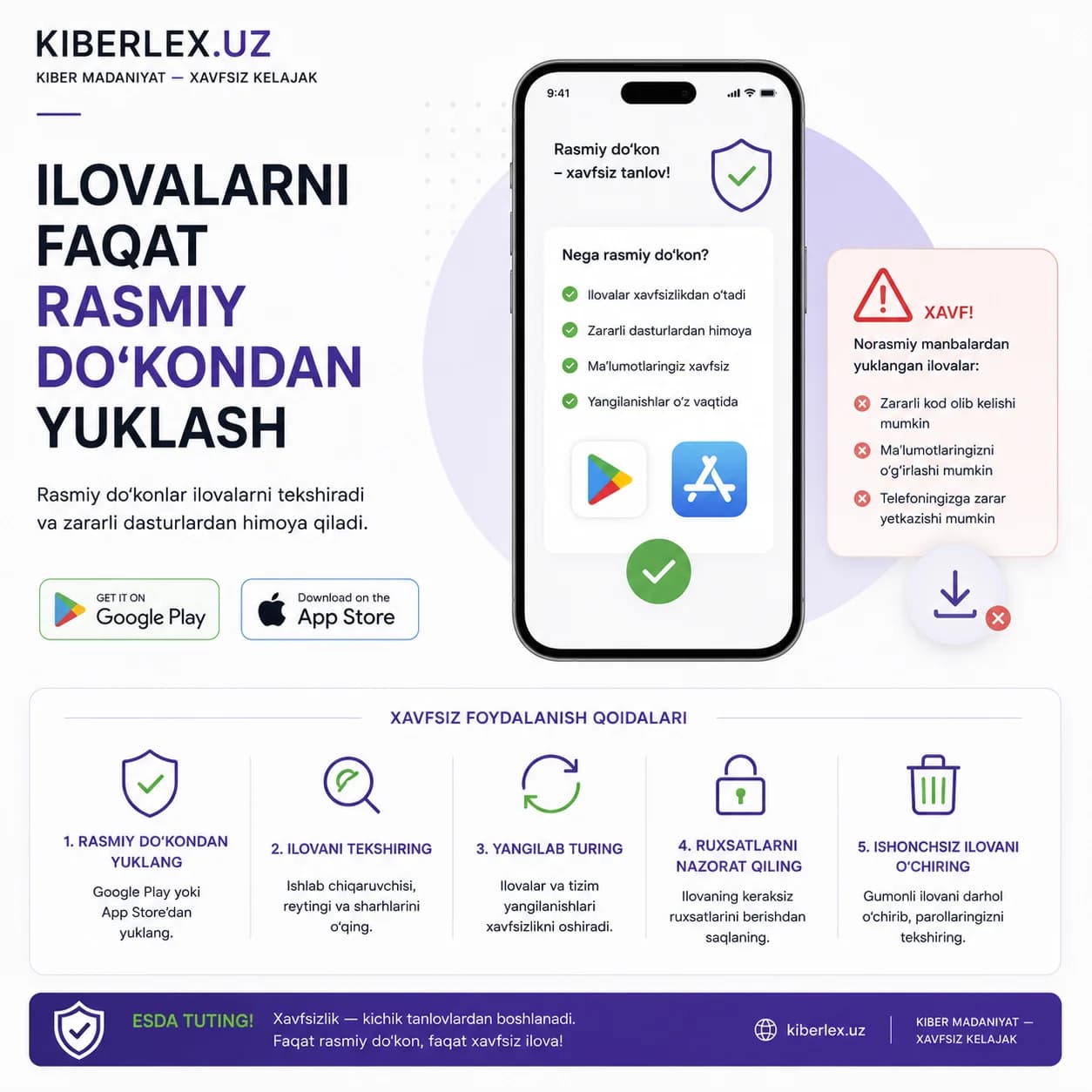 Google Play yoki App Store — ikkalasi ham tekshiruvdan o'tgan yagona yo'l.