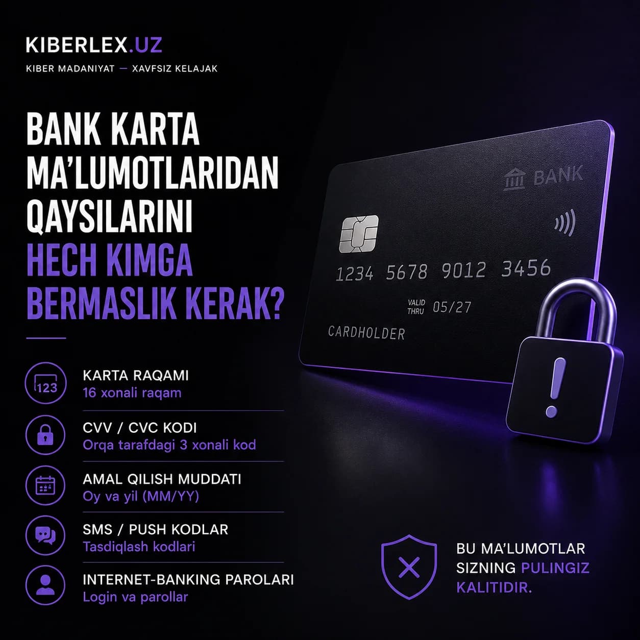 Karta raqami, CVV, tasdiqlash kodi, parol — bularning har biri alohida kalit, va hech biri begonaning qo'lida bo'lmaslig